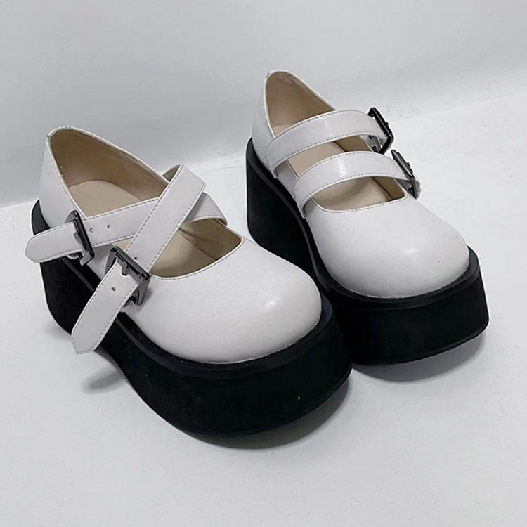 Sole Platform Double Mary Design - Janes White Buckle Black