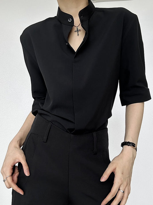 Ouji Lolita Black Unisex Short Sleeve Shirt with Straight Cut & Button-Down Front