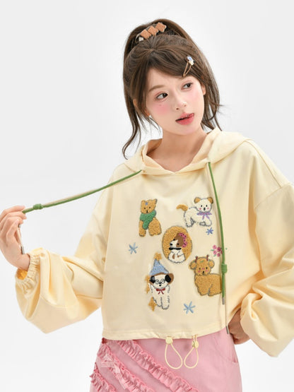 Apricot Plush Puppy Drawstring Waist Hoodie