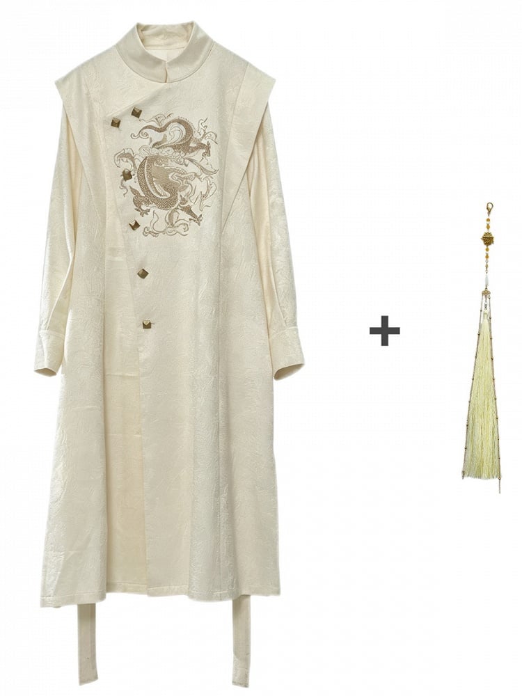 Beige Trench Coat with Dragon Embroidery, Mandarin Collar & Removable Tassel Accent - Feng Hua Gui Guo Ling