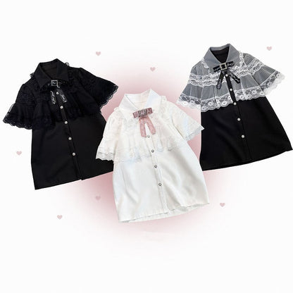 ジライケイ ブラック/ホワイト/ブラックホワイト レースケープデザイン 半袖ブラウス