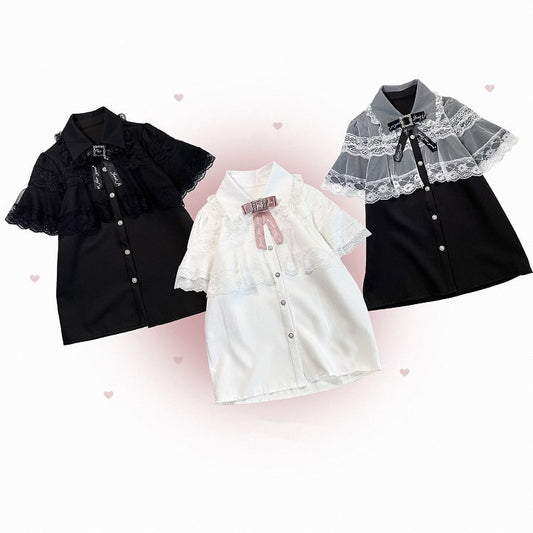 ジライケイ ブラック/ホワイト/ブラックホワイト レースケープデザイン 半袖ブラウス