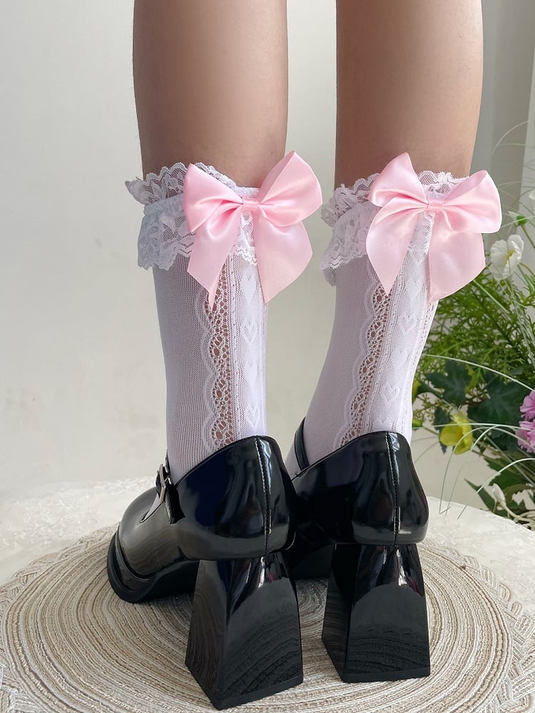 Sweet Lolita White and Pink Bow Lace Trim Calf Socks