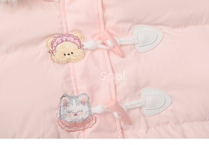 Rosa Daunenmantel mit Kapuze und Plüschbesatz mit süßem Bären und Kätzchen