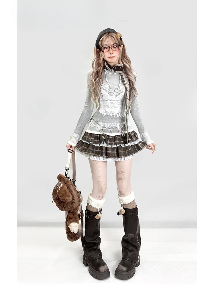 Weißes bedrucktes Spitzenbündchen-Top in Grau