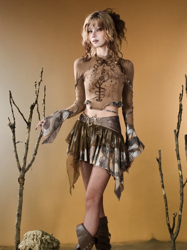 Brown Y2K Snakeskin Asymmetrical Skirt - Virtual Orbit