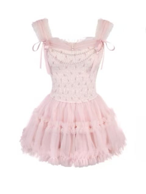 Slip Ribbon Tiered Mesh mit Perlen Akzente Abnehmbare Kette Kleid Rosa
