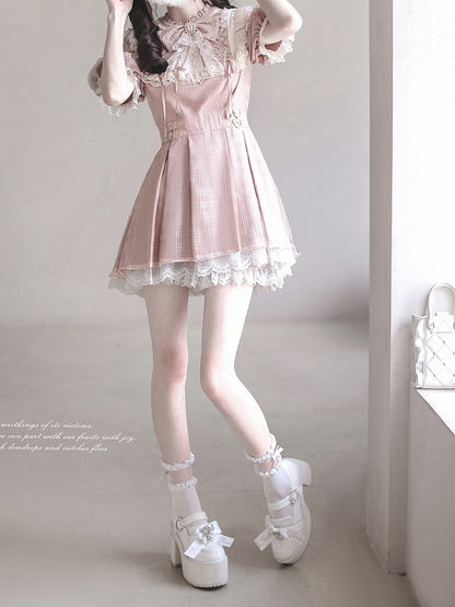 Cutout Neck Kei with Pink Lace Plaid Lace-up Dusty Jirai in Style White Shoulder Dress Details