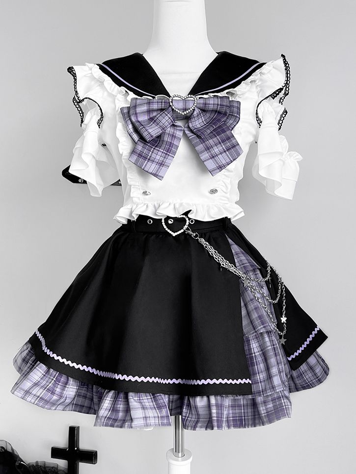 Shoulder Plaid Set-Sailor Skirt Purple And Top+Purple Short Kei Black Cutout Collar Full Sleeves Jirai