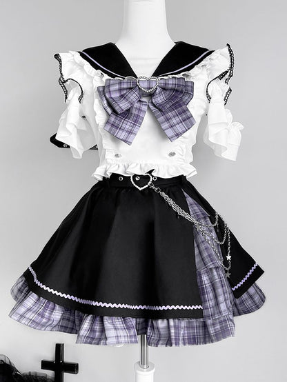 Shoulder Plaid Set-Sailor Skirt Purple And Top+Purple Short Kei Black Cutout Collar Full Sleeves Jirai