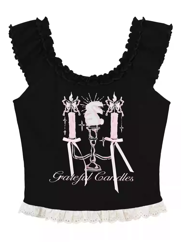 トップタンク ブラック キャンドルスティックプリント レーストリム ビタースウィート