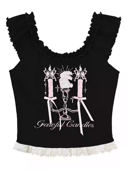 トップタンク ブラック キャンドルスティックプリント レーストリム ビタースウィート
