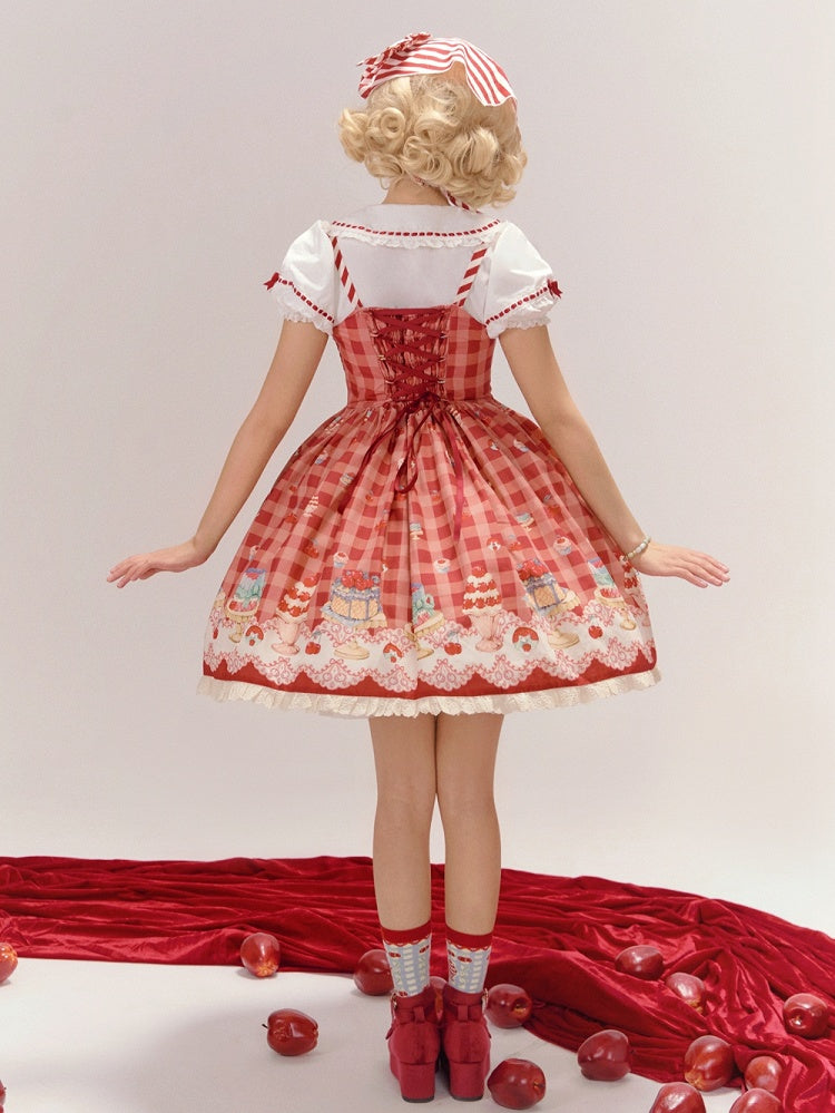 レッドギンガムチェック柄チェリー＆デザートスイートロリータジャンパースカート