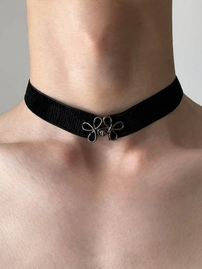 Black Velvet Choker with Metal Floral Charm - YSHXS