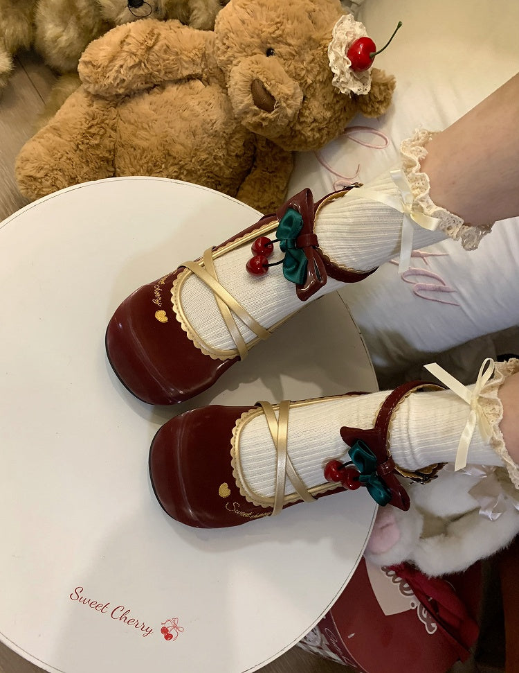 Wine Lolita Low-heel with Mary Bow Janes Hem Scalloped Accents Sweet Red