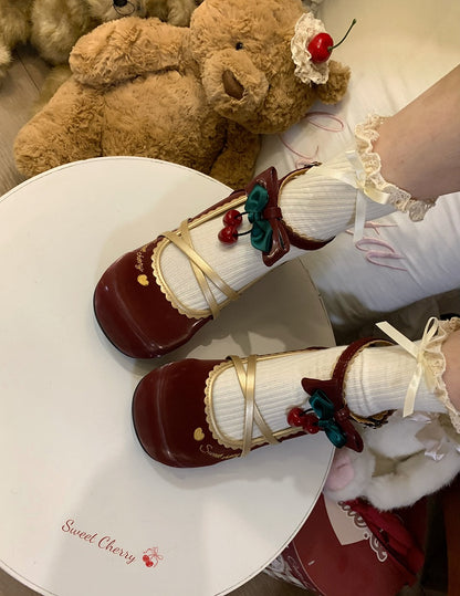 Wine Lolita Low-heel with Mary Bow Janes Hem Scalloped Accents Sweet Red