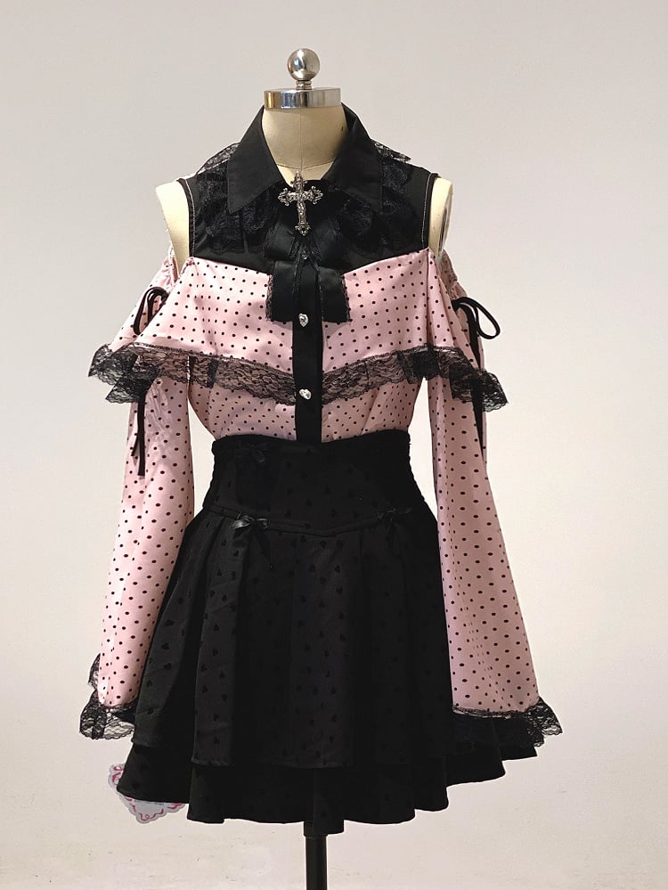 Kei Skirt: Pattern Tiered Waist with Dot Polka Heart High Jirai Dark Sweetness