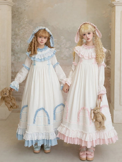 Blue Lolita White Ruffle Dress with Long Sweet Sash Sleeves and Details