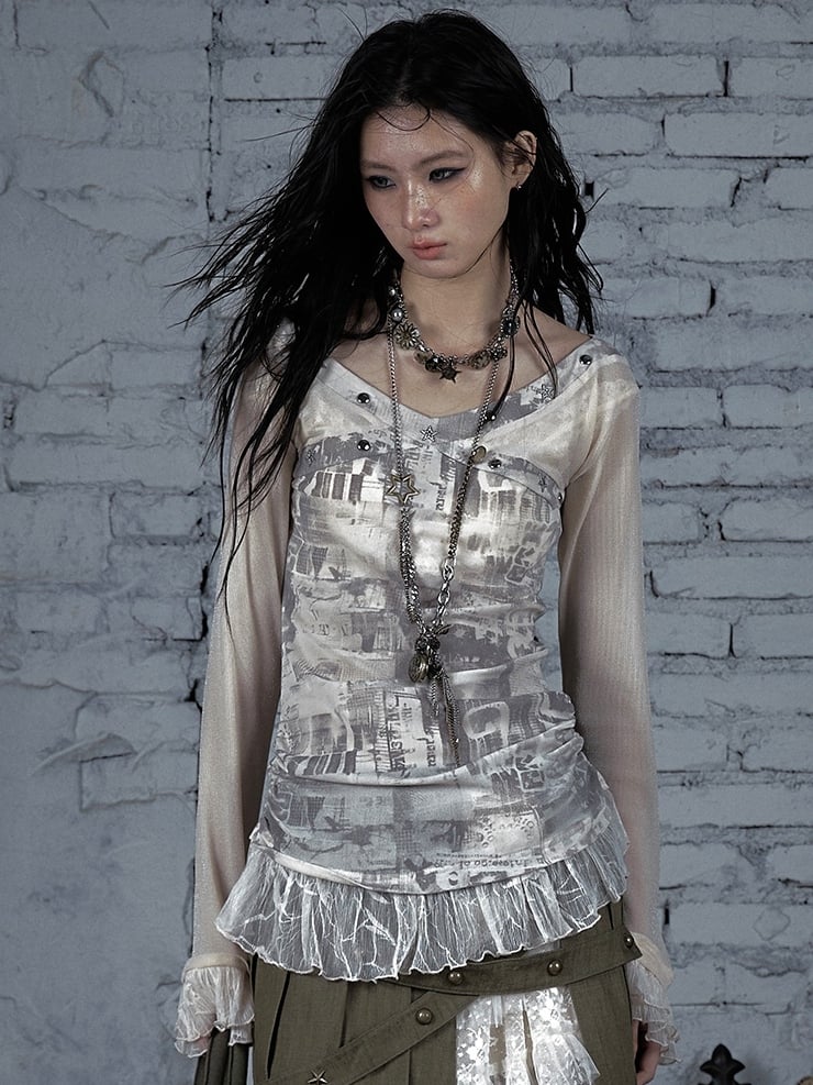 トリムスターレースウェイストランドパンクスタッド装飾ブラックグレー/ベージュTシャツと