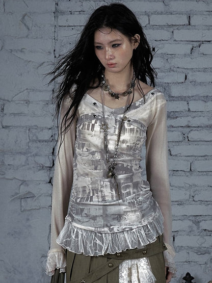 トリムスターレースウェイストランドパンクスタッド装飾ブラックグレー/ベージュTシャツと