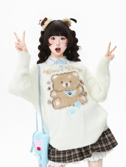Round Teddy Brown/Apricot Kawaii in Bear with Sweater Daily Design Neckline Coffee