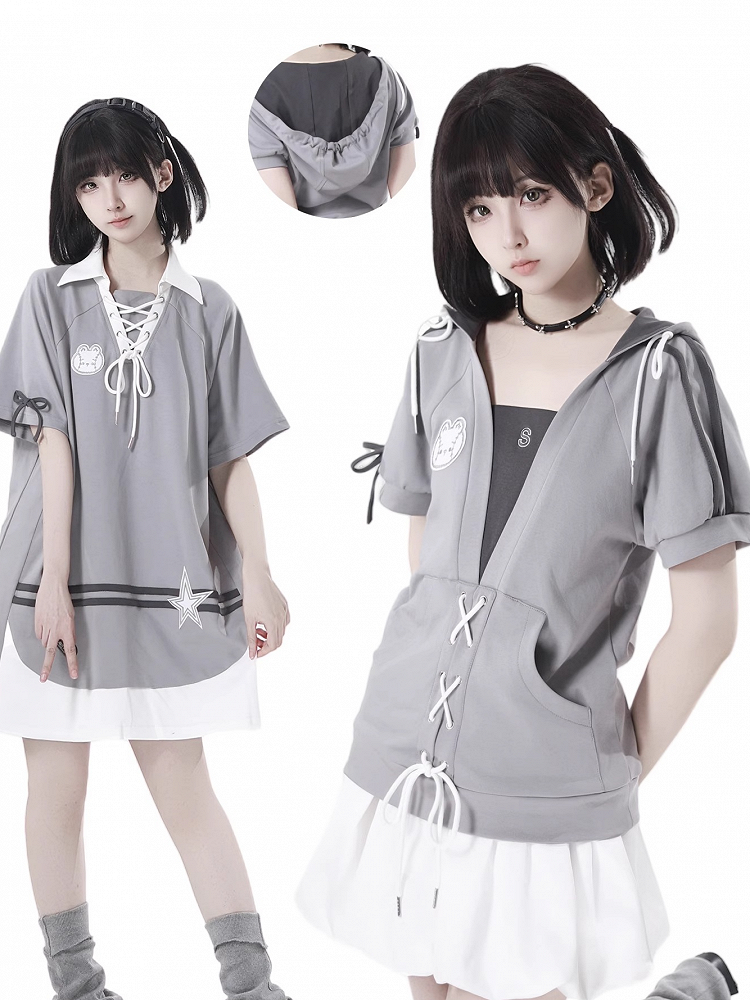 フード付きTシャツ レースアップディテール フェイクツーピース グレー