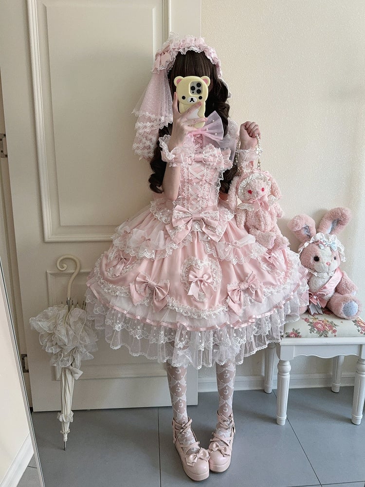 Details Cute Dress Lace Pink Bow JSK with Princess Lolita Doll-Style
