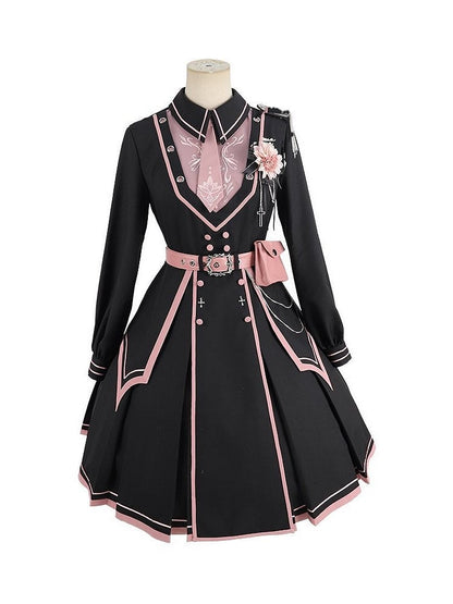Pink with Military and Design Belt V-neck Lolita Black Ruffled Dress Details Buttons
