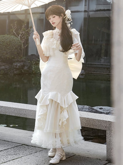 Set Lolita Qi Jacquard Illusion Full Collar Mermaid Qipao Neckline Dress Butterfly