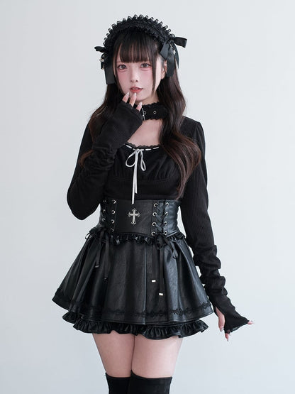 Cross Black Kei Lace-Up Skirt Jirai Decor Bow Ruffled Leather