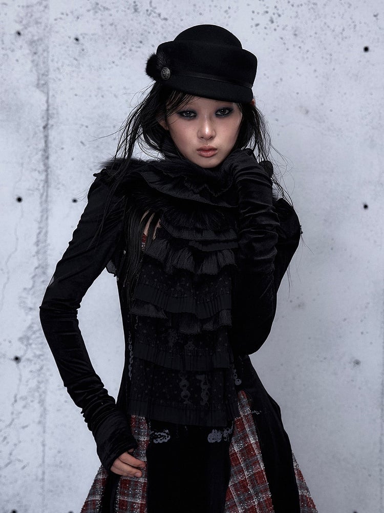 Delicate Lace Vintage Plush Layered Punk Scarf Ruffles - Black