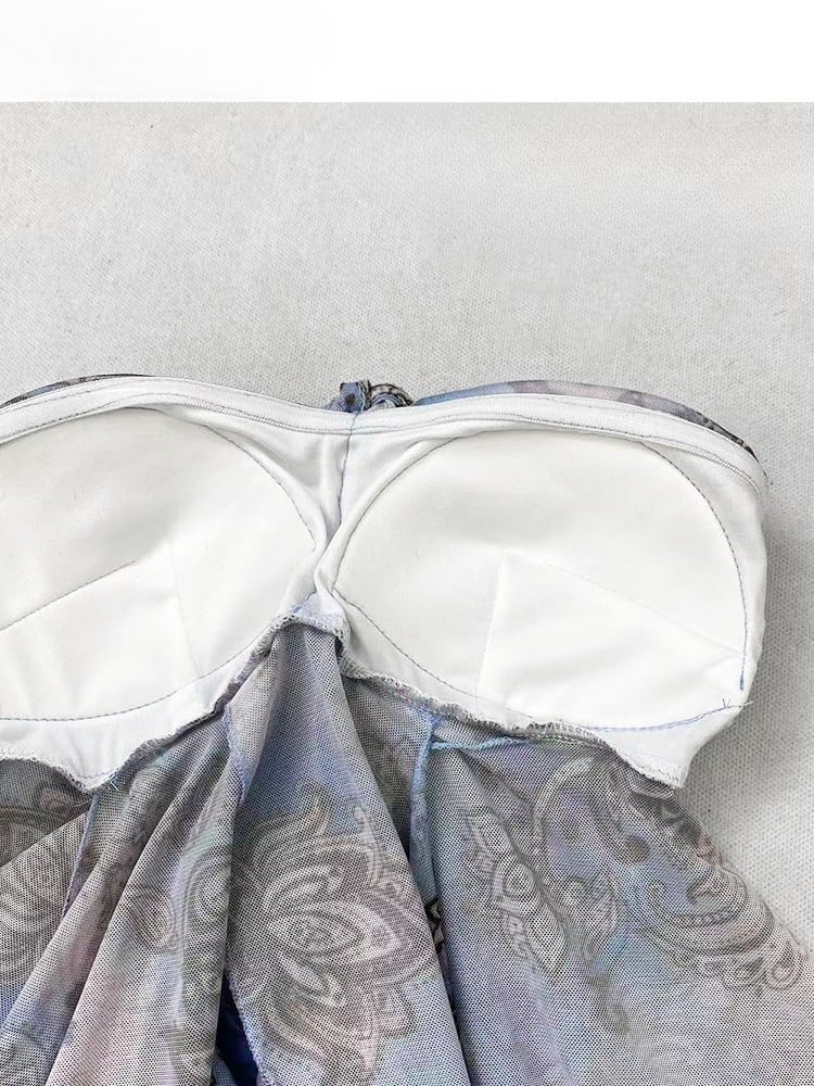 ブルーホリデーフリルプリントトップチューブアクセントデザインカスケーディング