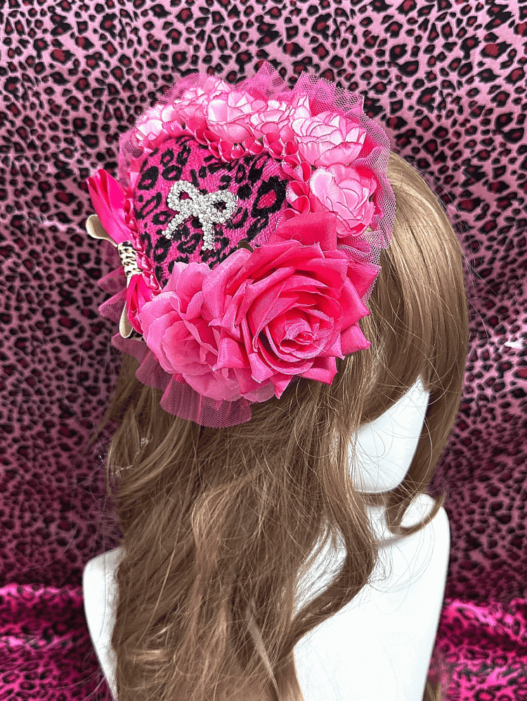 Pink/Rose Showa Ornate in Print Gyaru Hat | Rose Red Leopard Heart Style