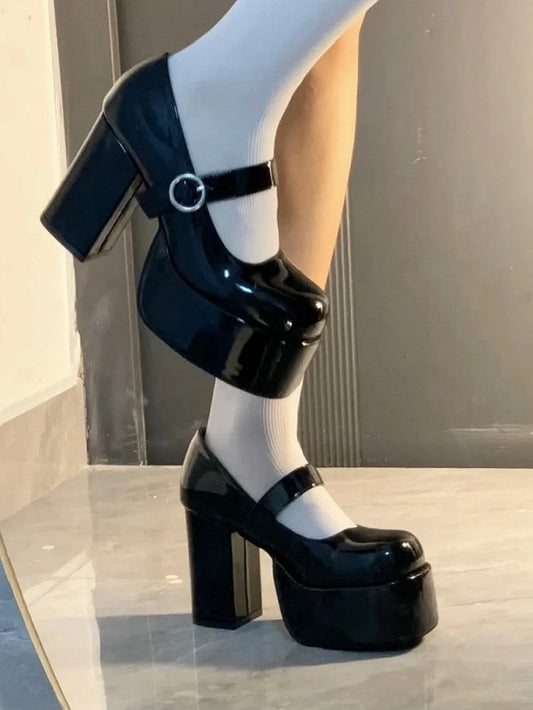 Y2K Heel High - Mary Circular with Accent Style Black Jane Block Shoes Buckle