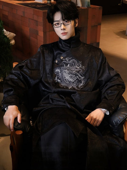 Black Trench Coat with Dragon Embroidery, Mandarin Collar & Detachable Tassel Trim - Feng Hua Gui Guo Ling