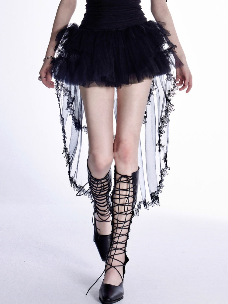 Lace with Tiered Mesh Skirt Train Trim Black Mini