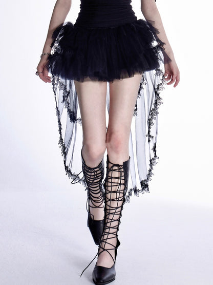 Lace with Tiered Mesh Skirt Train Trim Black Mini