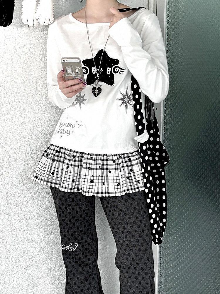 Design Long Daily with Star White Appliques Sleeve Top Kawaii Patchwork