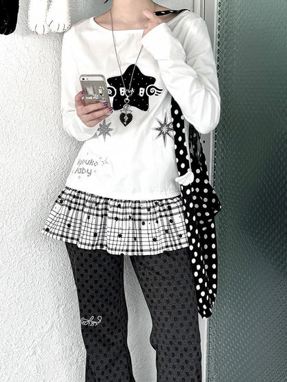 Design Long Daily with Star White Appliques Sleeve Top Kawaii Patchwork