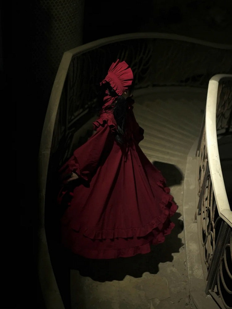 Red Gothic High Neck Ruffled Lolita Dress with Detachable Sleeves - Blossom Herald