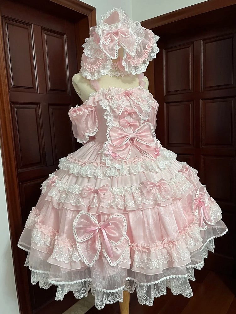 Süßes Lolita-Prinzessinnen-Perlenkleid mit Schleife und auf der Rückseite mit großen rosa Akzenten