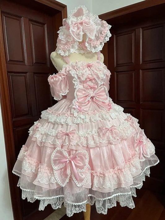 Süßes Lolita-Prinzessinnen-Perlenkleid mit Schleife und auf der Rückseite mit großen rosa Akzenten
