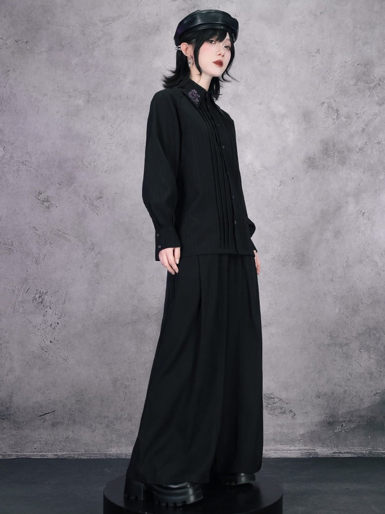 Gothic Straight Leg Trousers Featuring Purple Iris Embroidery in Black - Quirky Hut