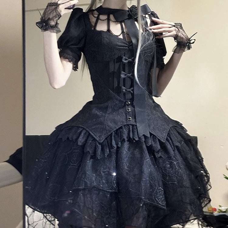 Alle Ärmel abnehmbare Stickerei kurzes Gothic-Top Hallow Spider + schwarzer Overlay Lolita Out Collar Web-Rock