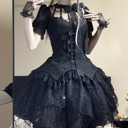 All Sleeves Detachable Embroidery Short Gothic Top Hallow Spider + Black Overlay Lolita Out Collar Web Skirt
