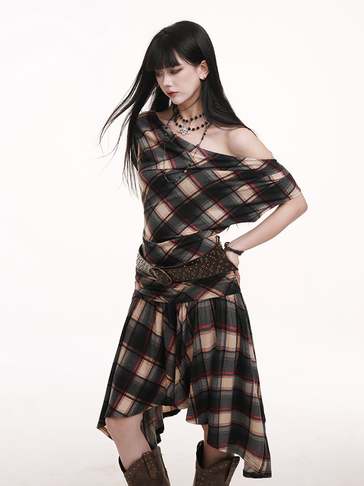 Hem Black Asymmetric Red Flounce Ruched with Apricot Neck Dress Plaid