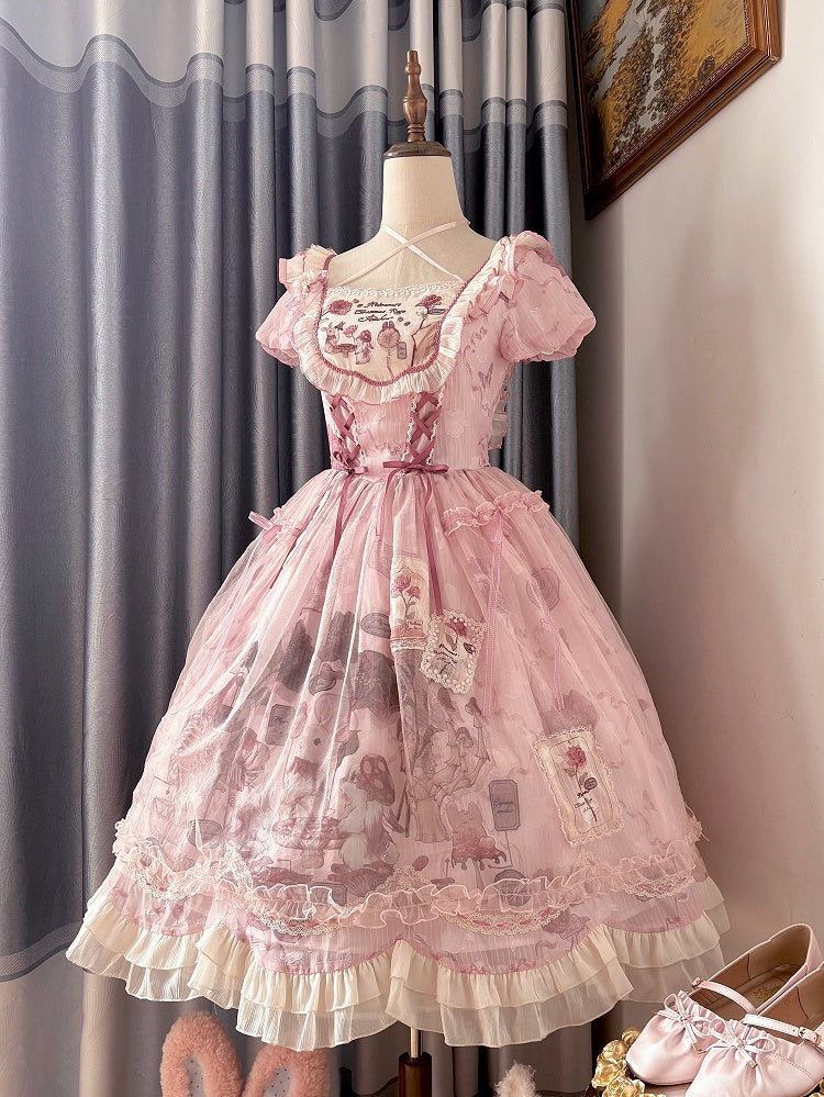 Taille gewellt rosa Trim Bunny Edge Prinzessin Kleid Rock Lolita Print Rüschen Baskisch