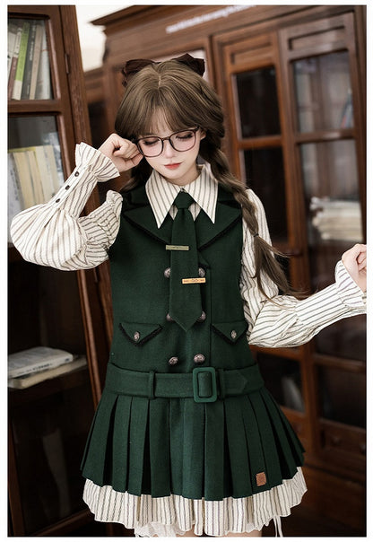 Style Tonal Green Bloomers Tie Two-pieces OP Preppy Hat Fake Lolita +