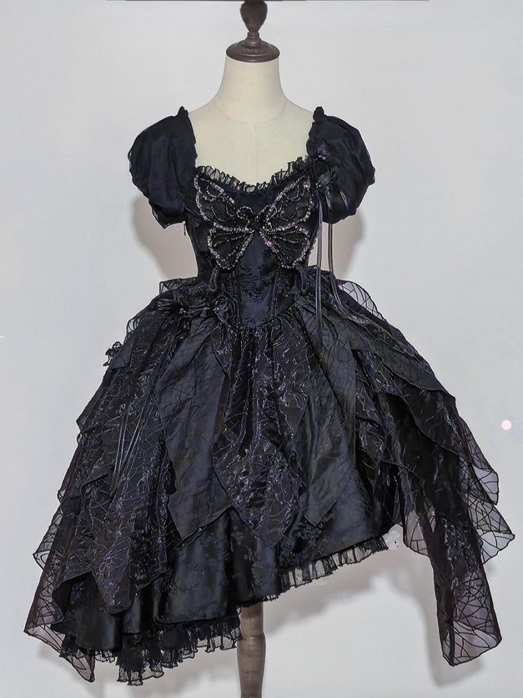 Butterfly Motif Puff Sleeve Lolita Top and Asymmetrical Hem Skirt Set in Black - Sweet Wood Lolita