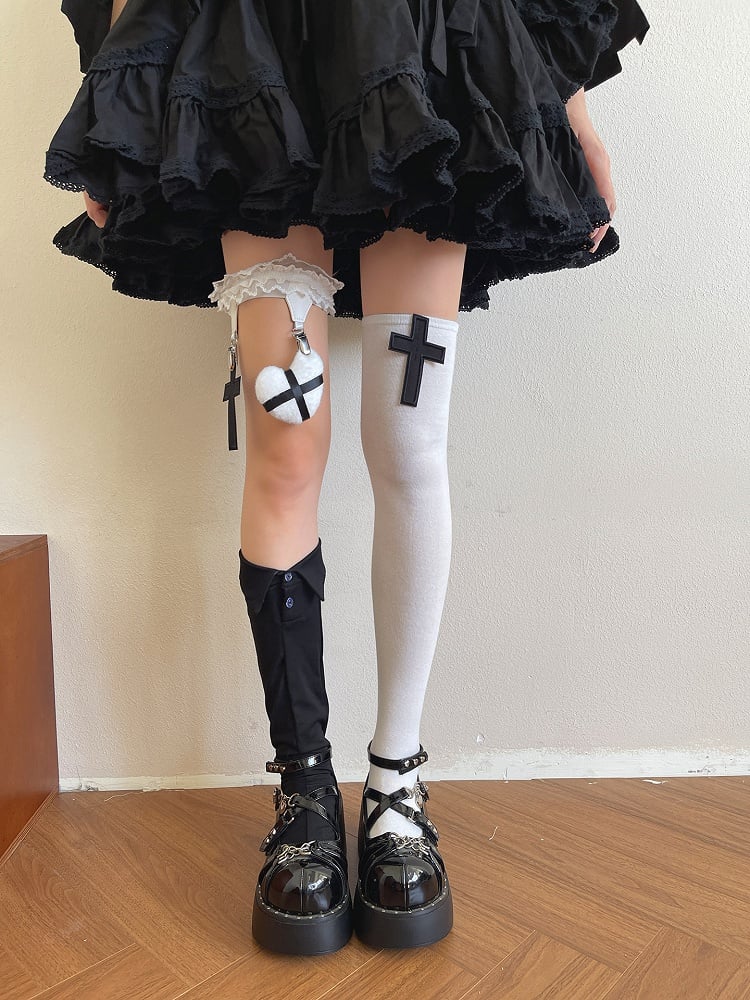 Knee Cross White Black Stockingswith Over Gothic Decoration